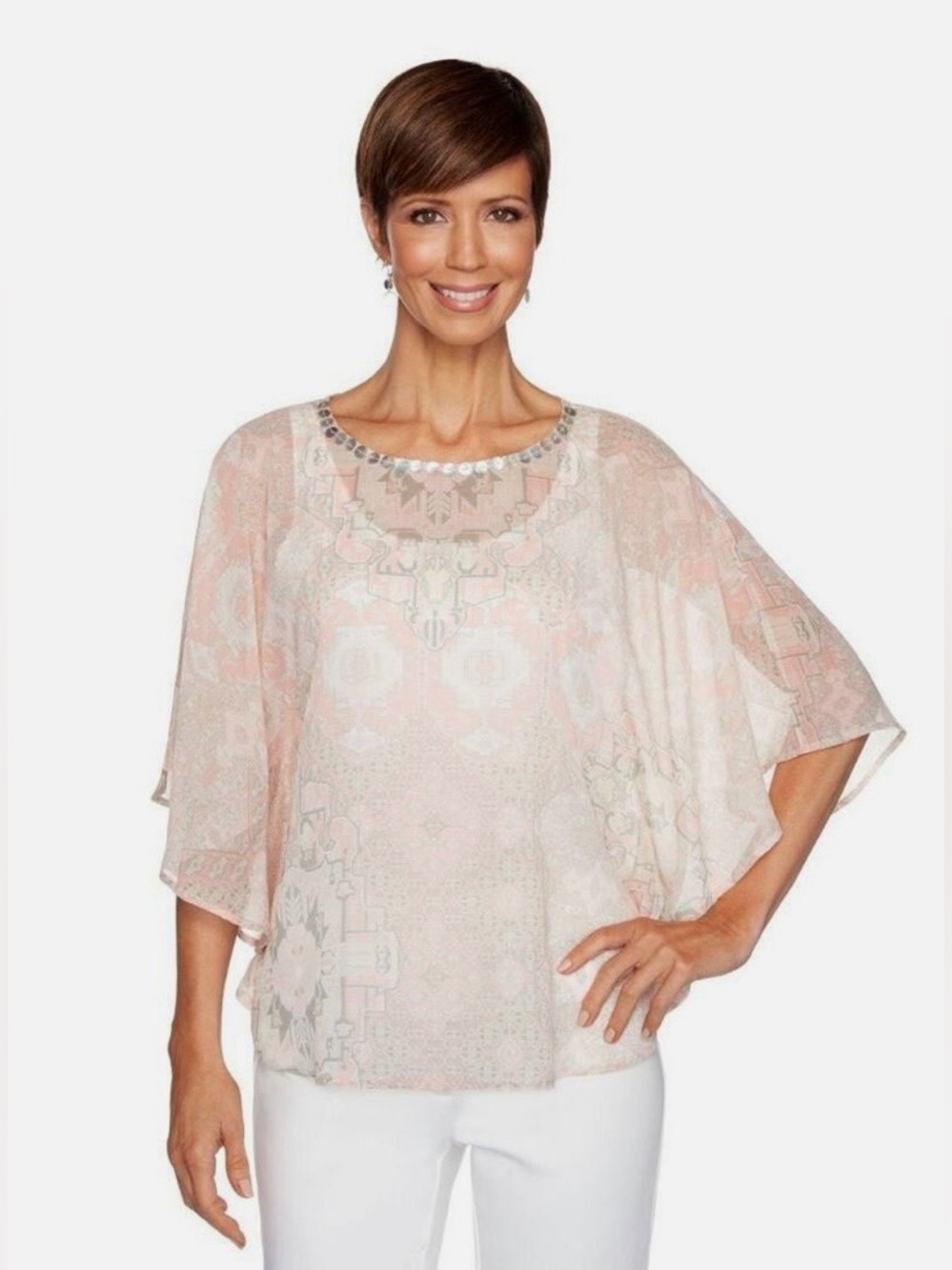 Ruby Rd Women Double Layered Camisole Under Pale Pink Cape Poncho Blouse Size M